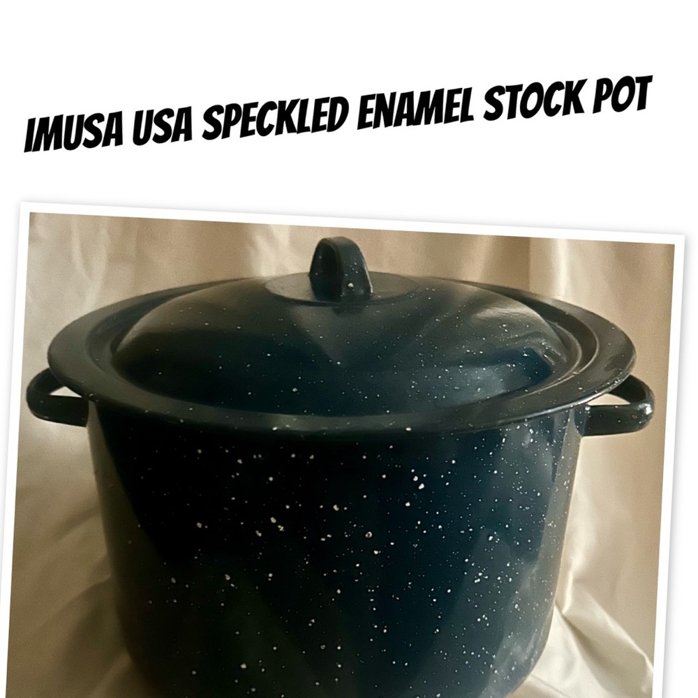 Vintage Speckled Enamel Stock Pot - Blue
